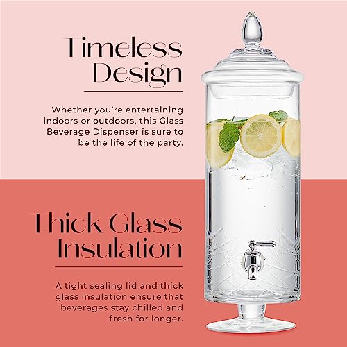 Fifth Avenue Crystal Beverage Dispenser for Countertop - 1 Gallon Large Glass Drink Dispenser w/Spigot & Lid - Party Drink...