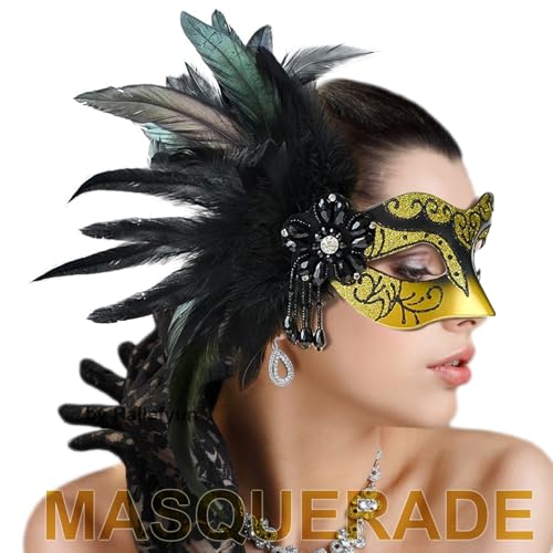 Masquerade Mask for Women Shiny Venetian Mask for Halloween Mardi Gras Costume Party Ball with Feather flower dec.