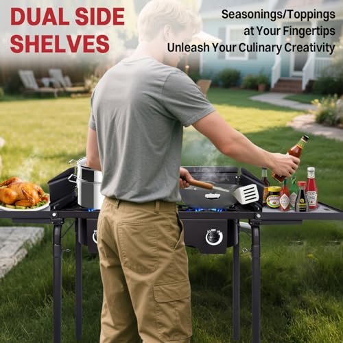2 Burner Propane Camp Stove | 150,000 BTU Gas Burners | Side Shelves | Windscreen | Waterproof Cover | Detachable Legs | I...
