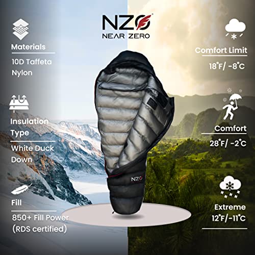 NEAR ZERO 18°F 850+ Power Down Fill Mummy Sleeping Bag for Adults | Ultralight, All Season, Backpacking Sleeping Bag for H...