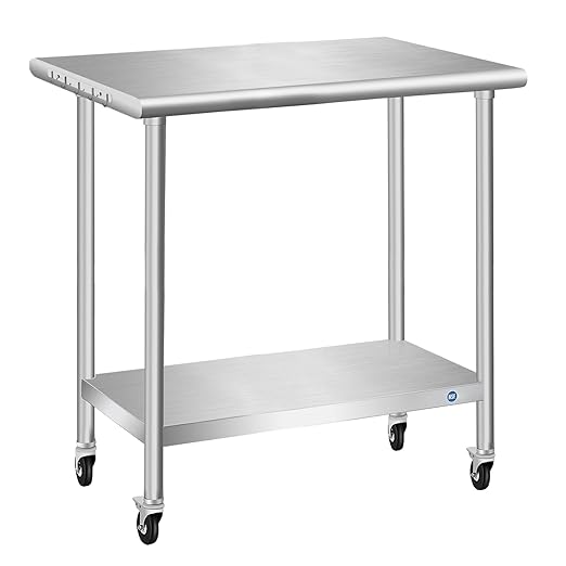 PIUMACU Stainless Steel Table with Wheels, Stainless Table for Prep & Work, 30 x 18 x 35Inch Commercial NSF Steel Metal Table for Restaurant Kitchen Hotel Garage