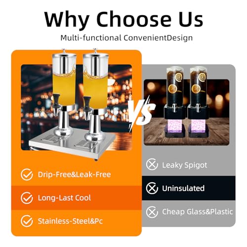 1 Gallon Commercial Beverage Dispenser with Centre Ice Core and Stand Drip Trays Stainless Steel Cold Drink Dispenser for ...