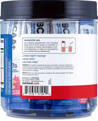 Nutricost BCAA+ Hydration Fruit Punch Flavor (20 Stickpacks) - Branched Chain Amino Acids with Hydration Complex - Gluten-...