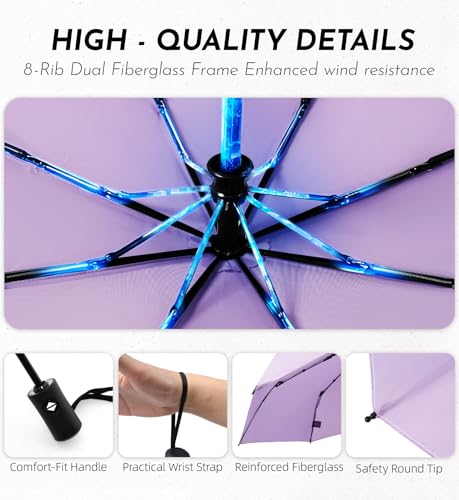 LILAC Compact Travel Windproof Umbrella, 43" Auto open/close Folding Quick Dry Umbrellas for Rain, Lightweight Portable Sm...