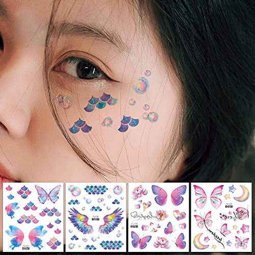 14 Sheets Glitter Butterfly Temporary Tattoos Sticker for Women Girls Eye Face Makeup Decoration, Flash Fairy Body Art Shi...