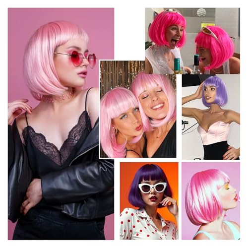 Light Pink Bob Wigs with Bangs Straight Short Wigs for Women Synthetic Pink Wig for Cosplay Women Funny Wig for Party Hall...