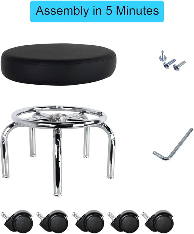 WKWKER Modern Roller Seat PU Leather Low Round Rolling Stool 360° Swivel Small Low Seat with Universal Caster Wheels Foot Stool for Home Office Garage Shop Fitness Sport H：12.4" （Black）