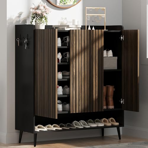 GarveeHome Shoe Cabinet，Large Shoe Cabinet with 3 Doors,Adjustable Shelves, Shoe Organizer with Doors for Hallway, Entryway, Living Room,Black+Nut-Brown