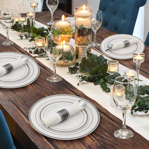 Goodluck 350 Piece Silver Plastic Dinnerware Set for 50 Guests, Fancy Disposable Plates for Party, Include: 50 Dinner Plat...