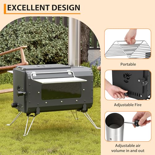 Cast Iron Portable Wood Burning Camping Stove, Compact Tent Stove with Chimney Pipe & View Glass for Ice Fishing, Hiking, ...