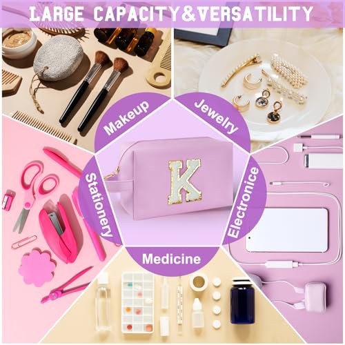 WEMVP Personalized Initial Makeup Bag with Handle, Preppy Cosmetic Bag with Inner Zipper Pocket, 8 9 10 11 12 13 14 Years ...