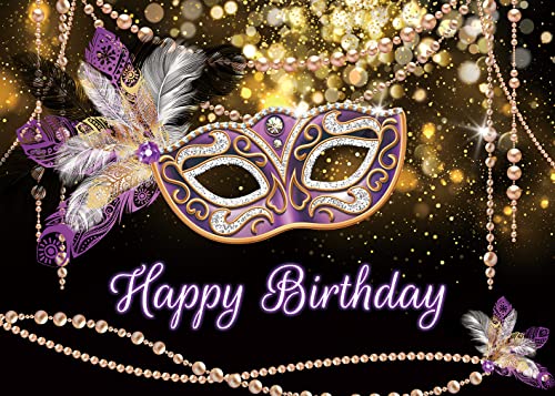 Mardi Gras Birthday Backdrop Masquerade Purple Mask Gold Glitter Feathers Photography Background Retro Women Dress-up Part...