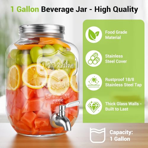 defway Glass Drink Dispenser for Party - 1 Gallon Glass Drink Dispenser with Fruit Infuser