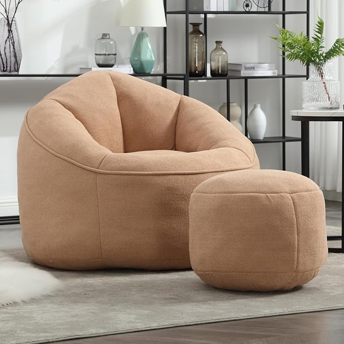 Sudwesto Bean Bag Chair for Adult, Microfiber Upholstered Bean Bag Sofa with Petal Back, Shell-Shaped Beanbag Chair with Footstool, Memory Foam Stuffed Lazy Sofa for Living Room, Bedroom (Tan)