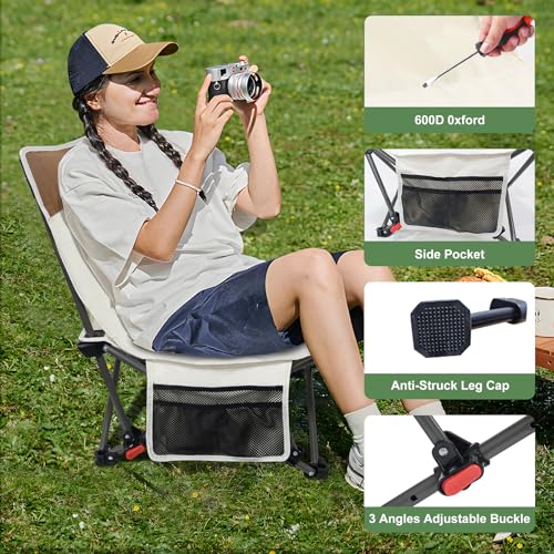 Compact Backpack Camping Chairs 2 Pack with Adjustable Backrest & Side Pocket, Low Folding Chairs for Adults, Portable Rec...