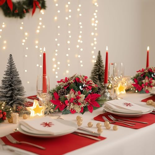 BLOSMON Christmas Centerpieces for Dining Table: 2 Pcs Red Gold Glitter Fake Poinsettia Christmas Flowers Ball Decoration...