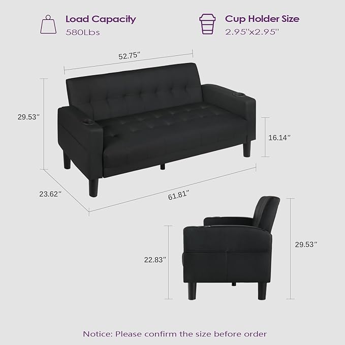 TYBOATLE Sofa Couch 62" W Loveseat w/ 2 USB Charger Ports & 2 Cupholders, Mid-Century Modern Black LeatherTufted Small Love Seat Couches for Office,Compact Living Room,Bedroom,Apartment,Dorm (2)
