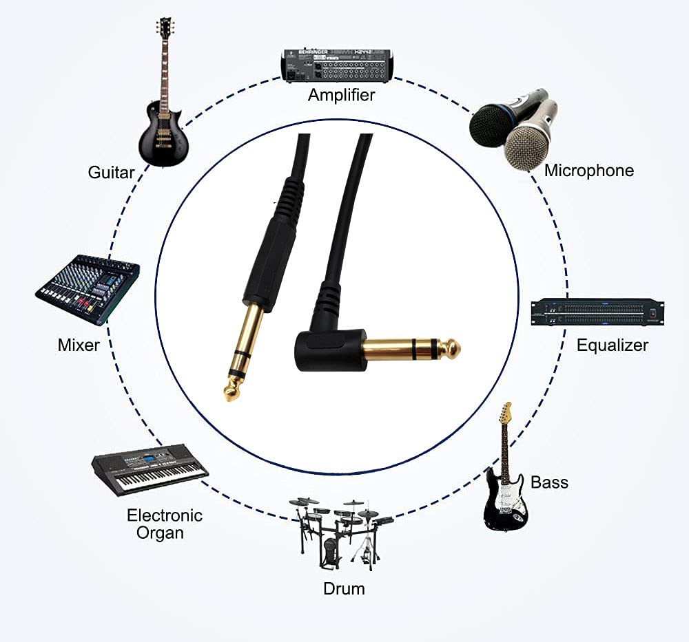 Qaoquda 1/4 Inch Guitar Instrument Cable, 6Ft 90 Degree Angle 6.35Mm Trs Jack Male To 1/4 Inch Trs Male Stereo Speaker Audio Cab