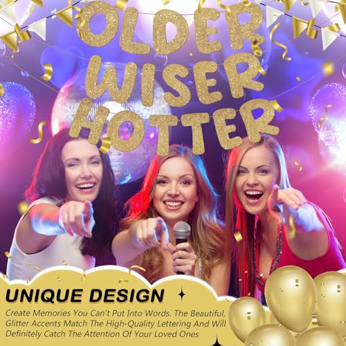 Fulmoon Set of 3 Pre Strung Older Wiser Hotter Glitter Banner Funny Birthday Banner for Women 30th 40th 50th 60th 70th 80t...