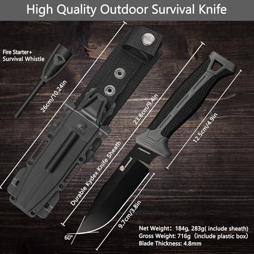 HX OUTDOORS Extra Sharp Bushcraft Knife with Fire Starter, Premium D2 Steel Fixed Blade Survival Camping Knife with Ferro ...