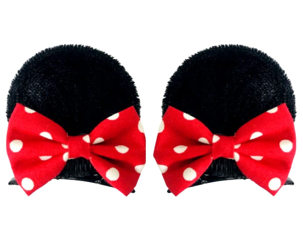Cute Mouse Ears Hair Clips with Red Polka Dot Bows - Girls Costume Accessories for Theme Party, Travel, Halloween, Birthday Look