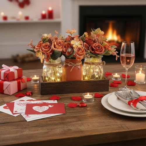 Mkono Mason Jar Lights Centerpiece Table Decorations for Dining Room Farmhouse Coffee Table Decor Tray with 3 Jars Flowers...