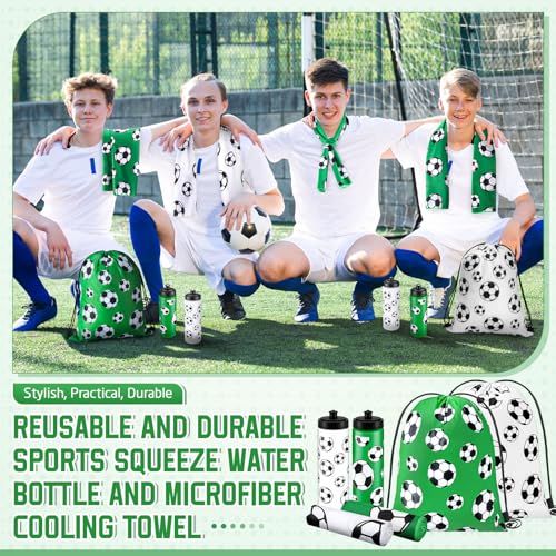 FuWeave 36 Pcs Soccer Water Bottle Drawstring Bag Cooling Towel Set Include 12 Squeeze Water Bottle 12 Drawstring Backpack...
