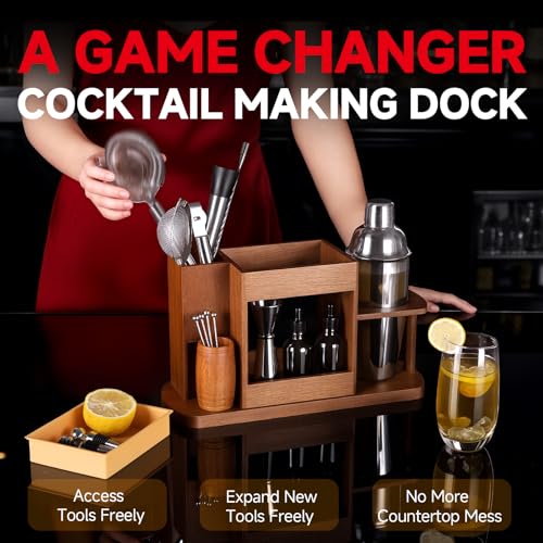 Lexenic Cocktail Making Dock, 23-Piece Cocktail Shaker Set with Freeform Bamboo Stand, Easy Access Stainless Steel Bartend...