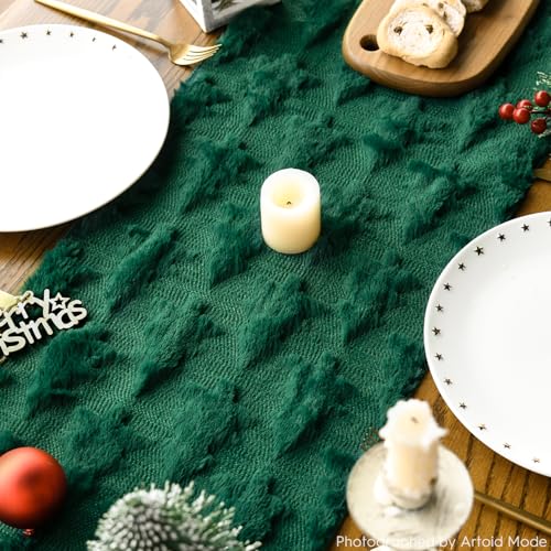 Artoid Mode Christmas Trees Green Soft Plush Faux Fur Jacquard Christmas Table Runner, Holiday Kitchen Dining Table Decora...