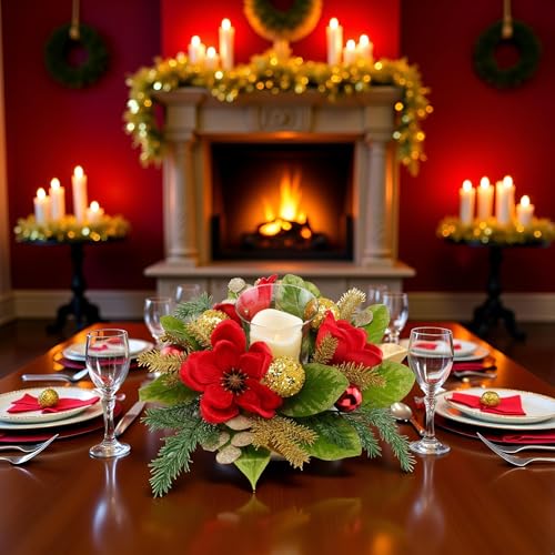 18" Centerpiece with Flameless LED Candle Holder, Design with Red Artificial Magnolia, Gold Baubles & Spruce Branches for ...