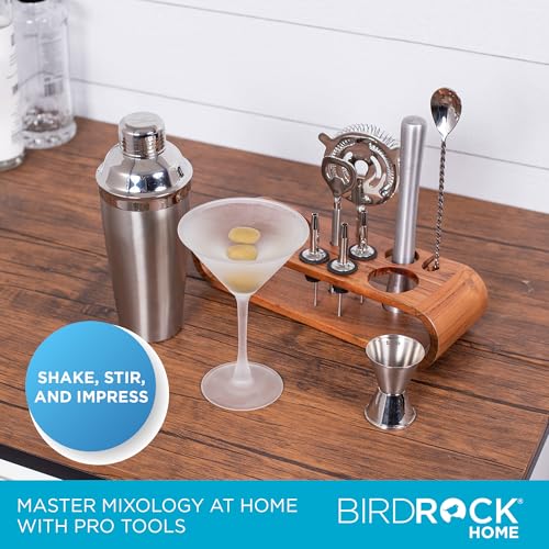 BIRDROCK HOME 10 Piece Professional Bartender Cocktail Mixing Set with Acacia Wood Stand | Stainless Steel Bar Tools for H...