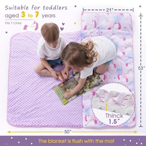Nap Mat with Pillow Blanket Set: Sleeping Mats for Toddler Kids - Thick Large Roll up Slumber Bag for Daycare Preschool Ki...