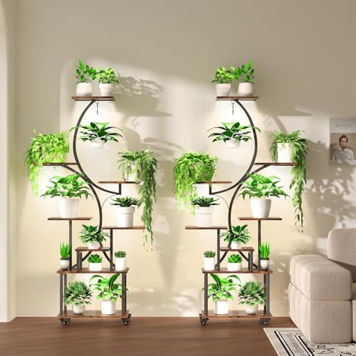 MODCART Plant Stand Indoor with Grow Lights, Indoor Plant Stand with Wheels, 8 Tiered Plant Shelf Indoor, Tall Plant Stands Indoor with Pulley for Living Room, 2PCS