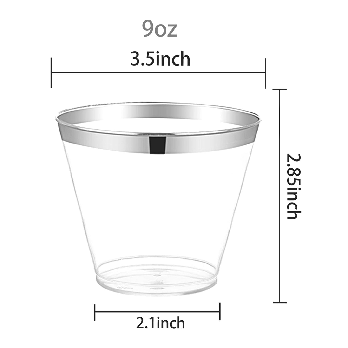 Ciaell 200PCS Silver Plastic Cups - 9Oz Heavy Duty Plastic Cups - Gold Rimmed Cup - Disposable Clear Cup with Gold Rim for Party & Wedding