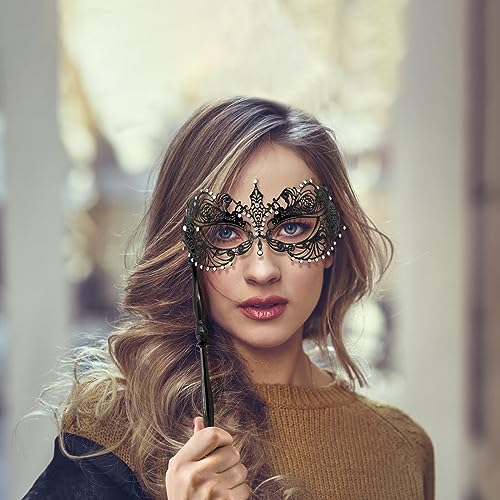 Thmyo Venetian Halloween Mardi Gras Party Mask with Holding Stick, Carnival Handheld Metal Feather Rhinestone Masquerade Mask