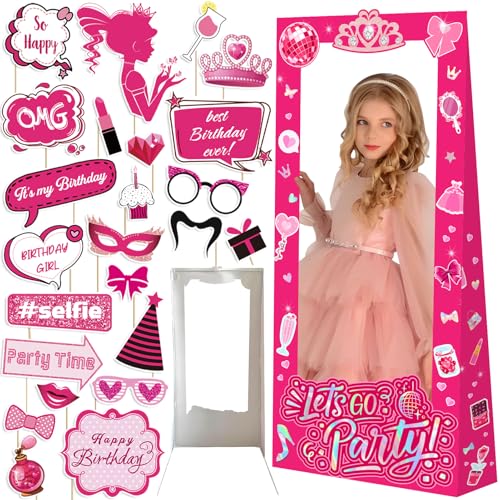 Hot Pink Let's Go Party Birthday Photo Booth Props, 4.5ft Tall Life Size Stand in Cardboard with Fixed Bracket & 25pcs Pri...