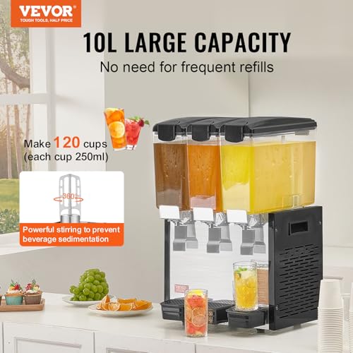 VEVOR Commercial Beverage Dispenser, 3 Tanks 10 L / 10.6 QT Per Tank Juice Dispenser, 440W Stainless Steel Ice Tea Drink M...
