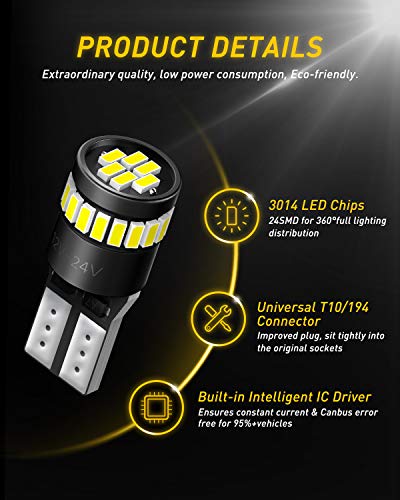 AUXITO 194 LED Bulbs for License Plate Light 168 175 2825 W5W T10 24-SMD 3014 Chipsets 6000K White for Car Dome Door Map D...