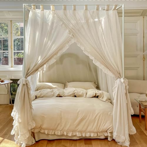 Mengersi Canopy Bed Curtains,Linen Bed Canopy Curtains 4 Corner Bed Drapes Canopy Curtains for Bedroom Decor (Ivory,Full)