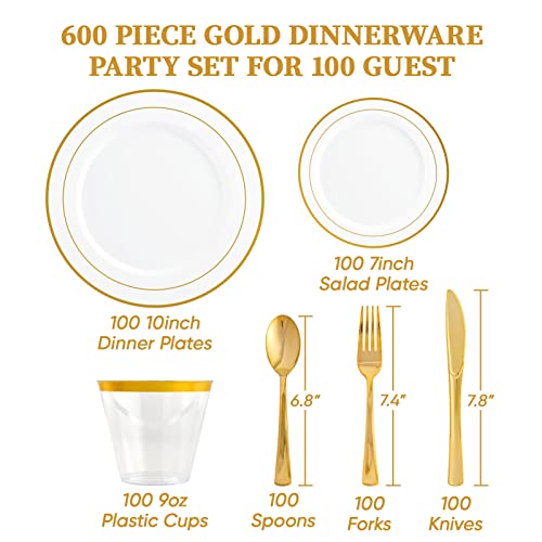 FOCUSLINE 600 Ct Gold Dinnerware Set for 100 Guests - Gold Rimmed Disposable Plastic Plates, Includes 100 Dinner & Salad P...