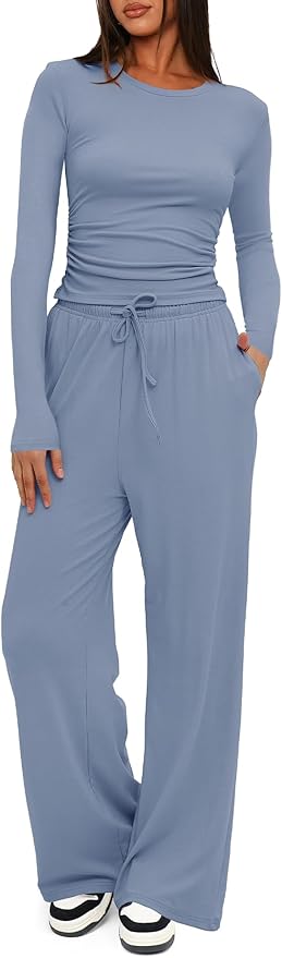 Darong Women's 2 Piece Outfits Lounge Sets 2026 Long Sleeve Tops Wide Leg Pants Casual Matching Set