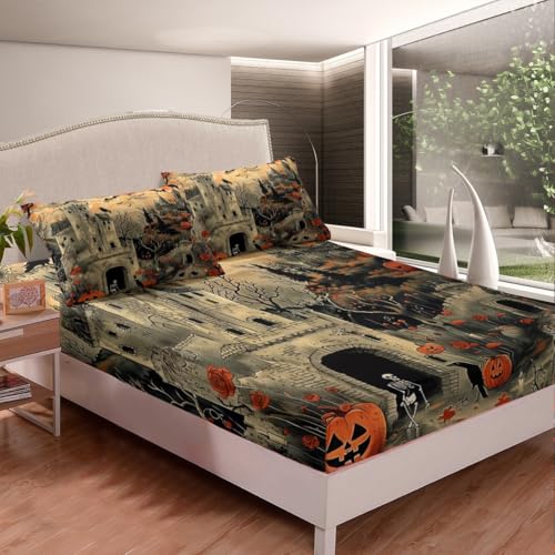 Happy Halloween Bed Sheets 3 Piece Trick Or Treat Themed Fitted Sheet Queen Size Halloween Ghost Print Bed Set Castle Spider Bats Decor Bedding Set Pumpkin Lantern Gothic Style Bedding
