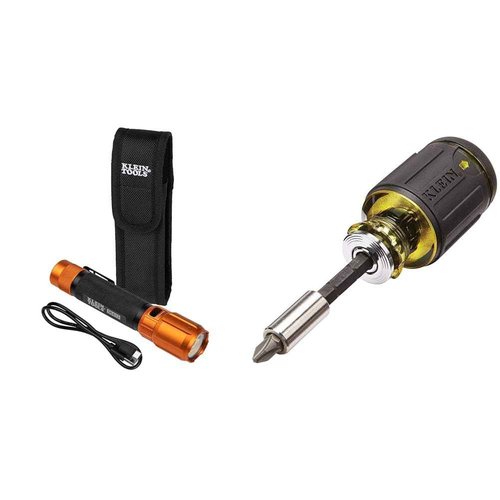 Klein Tools 56413 Rechargeable 2-Color LED Flashlight, Holster, Spotlight, Floodlight, Red LED & 32308 Multi-bit Stubby Screwdriver, Impact Rated 8-in-1 Adjustable Magnetic Tool