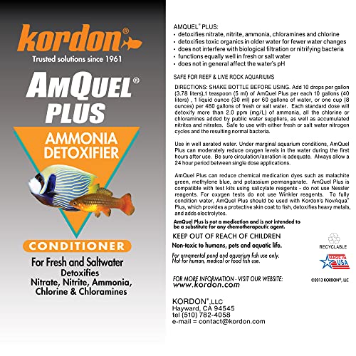 Kordon AmQuel Plus Aquarium Water Conditioner - Instantly Detoxifies Ammonia, Nitrite, Nitrate, and Chlorine Remover for F...