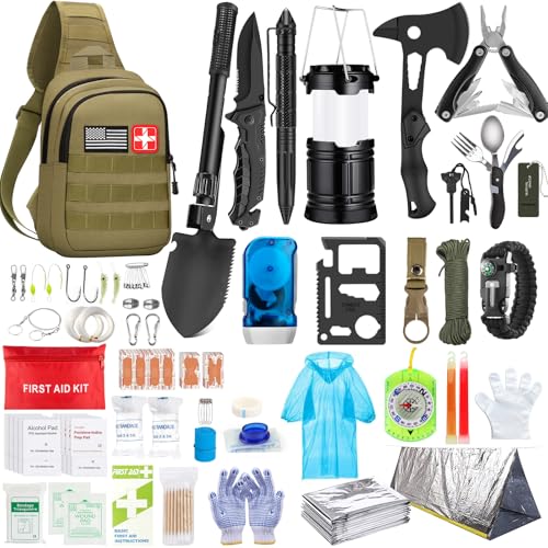 Emergency Survival Kit, 151 Pcs Survival Gear First Aid Kit, Outdoor Trauma Bag with Tactical Flashlight Knife Pliers Pen ...
