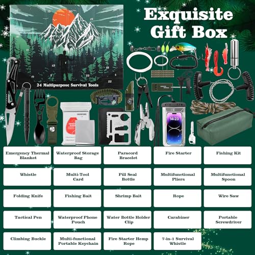 Survival Kit Advent Calendar for Men 2025-24 Days Survival Tools Advent Calendar for Adult Teen Boy, Christmas Countdown S...