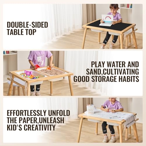 VEVOR Sensory Table and Chairs Set, Toddlers Activity Table with 2 Stools, 2 Storage Bins & Paper Roll Holder, Indoor/Outd...