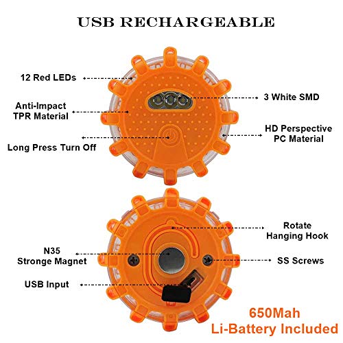 Ecoangel USB Rechargeable LED Road Flares Emergency Lights-Roadside Warning Car Safety Beacon Flashing Disc Flare Kit with...