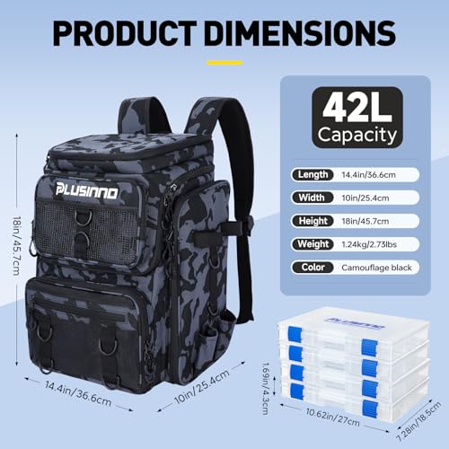 PLUSINNO Fishing Backpack with Rod Holders Tackle Box, 42L Large Water-resistant Fishing Tackle Bag Store Fishing Gear
