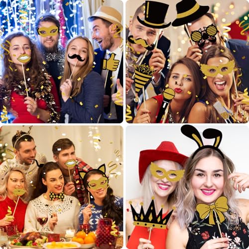 Photo Booth Props, Kaluofan 25PCS Black and Gold Party Decorations, Funny Photo Party Props Accessories for Adults and Kid...
